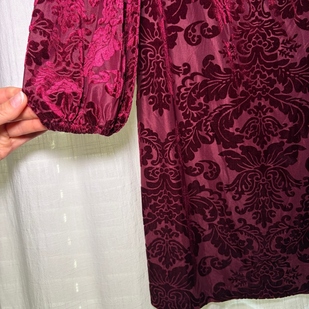 Vince Camuto Dress Womens 6 Burgundy Burnout Velvet Damask Mock Neck Mini Shift - Picture 5 of 6